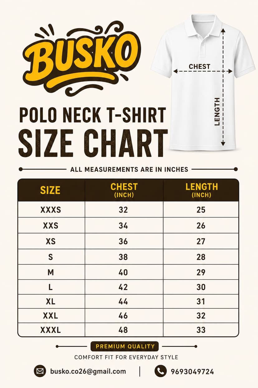 Polo T-Shirt size chart